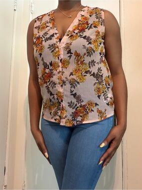 Sleeveless Floral Chiffon Blouse - Pink/Yellow